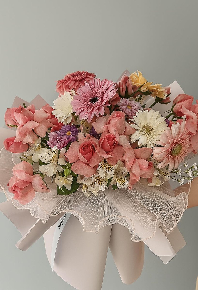 A hand-tied bouquet of pink gerberas, roses and alstroemeria wrapped in tulle, from KinLove Flowers + Coffee Uptown in Cagayan de Oro