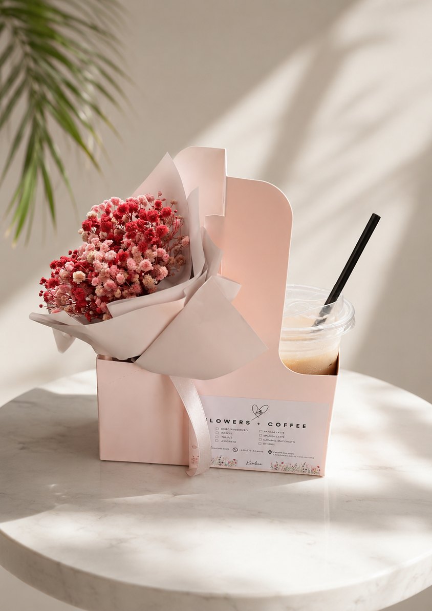 A KinLove Flowers + Coffee Uptown gift box holding dried pink blooms, next to an iced coffee