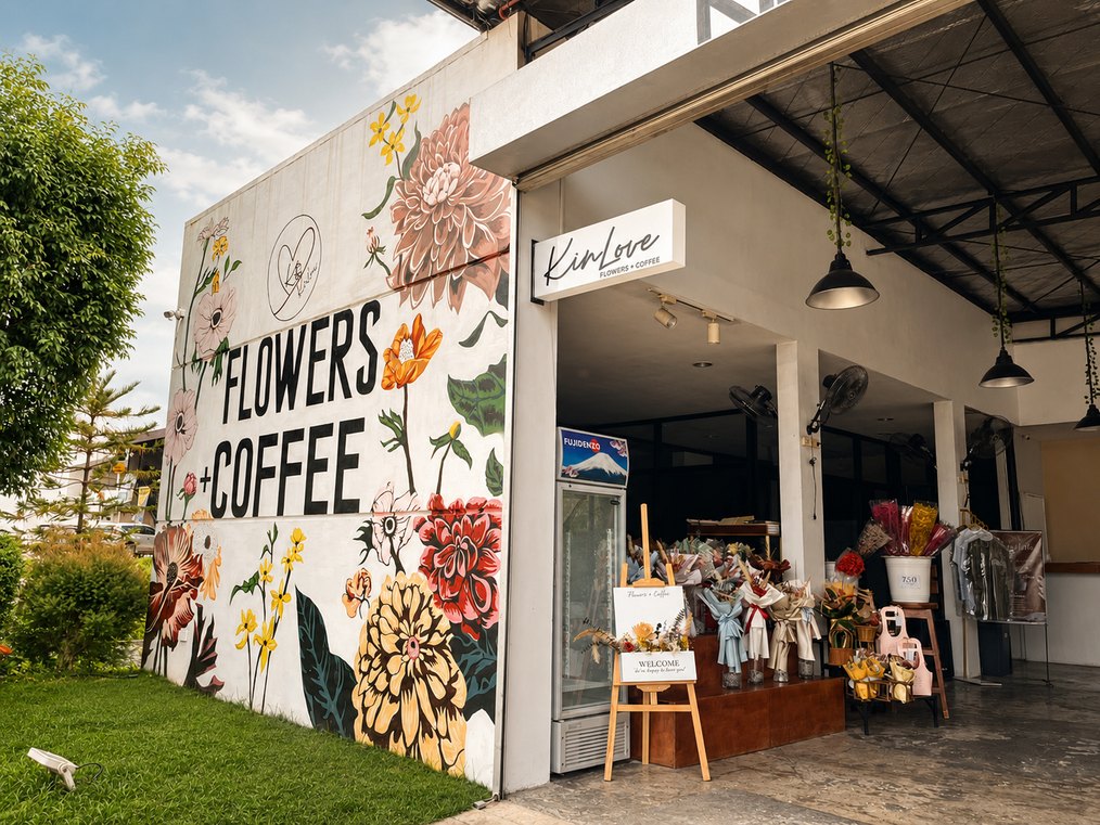 The KinLove Flowers + Coffee Uptown storefront, its painted flower mural and open frontage on Regatta Boulevard, Uptown Cagayan de Oro